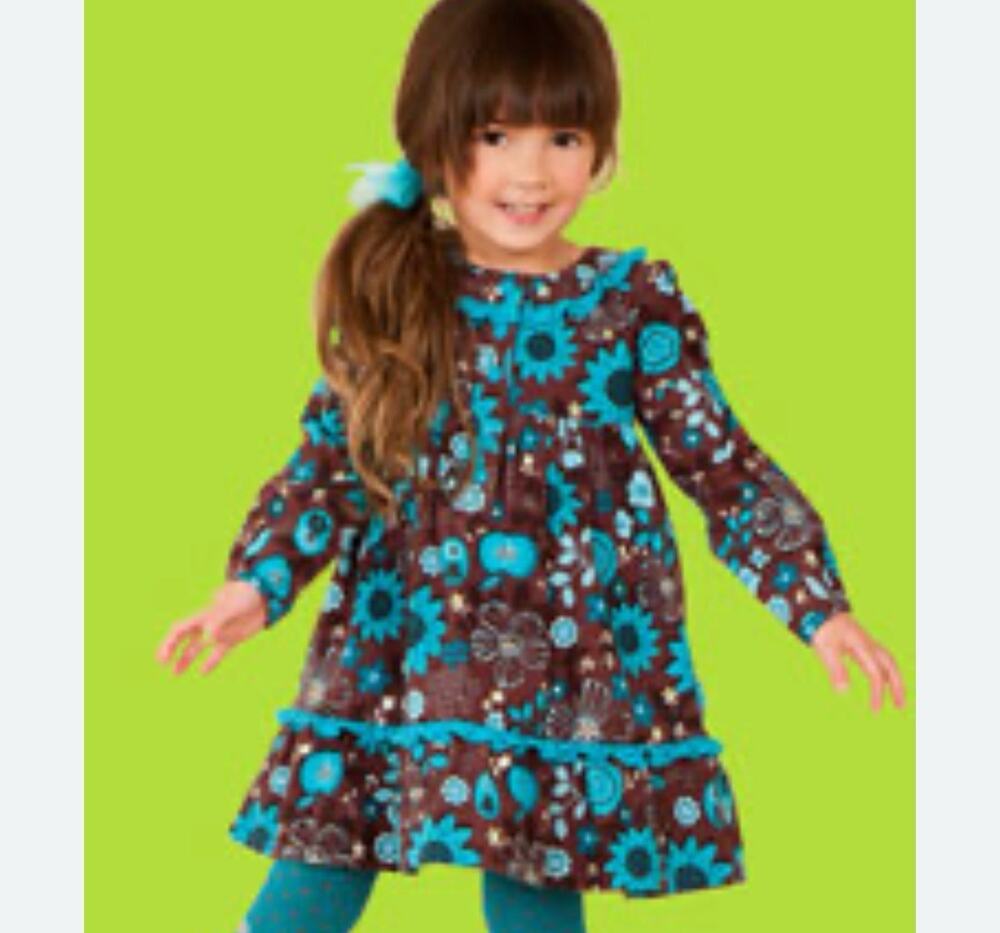 Le Top Girls Dress Size 4T Corduroy blue Brown Mod Floral EUC